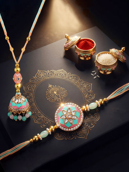 Set of 2 Pastel Green & Pink Bhaiya Bhabhi Rakhi Set, Kundan Floral Lumba with Beads, Roli, Chawal (325-CHCR1-1152-PKMNT-2-2026)
