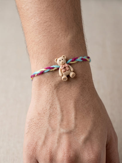 Set of 4 Small Teddy Bear Pendant Rakhi for Kids with Colorful Braided Thread, Roli Chawal & Card (130-CHR1-1948-4-2026)