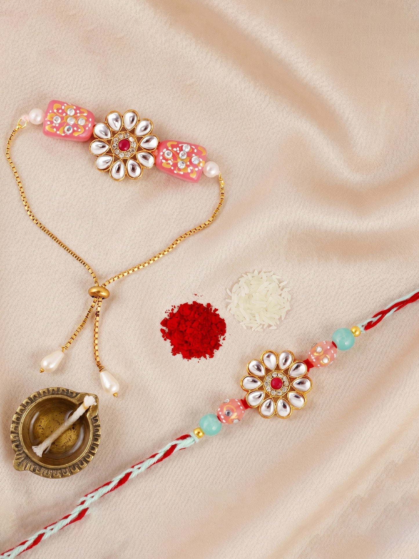 Set of 2 Bhaiya Bhabhi Kundan Rakhi Set with Floral Pendant, Hand-Painted Pink Beads, Roli Chawal (173-CHR1-1849-2-2026)