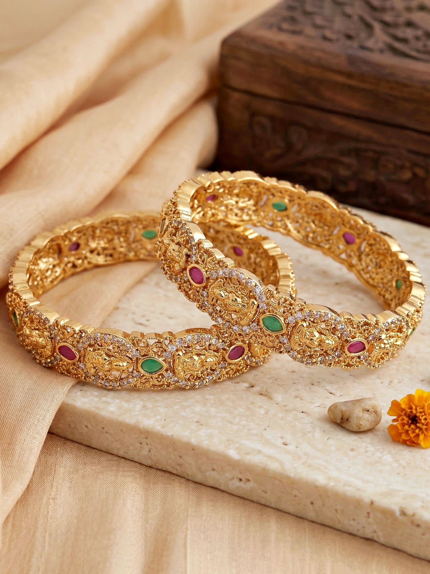 Gold-Plated Laxmi Temple AD Pink Green Bangle (1174-C1BG-2215-2)