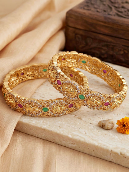 Gold-Plated Laxmi Temple AD Pink Green Bangle (1174-C1BG-2215-2)