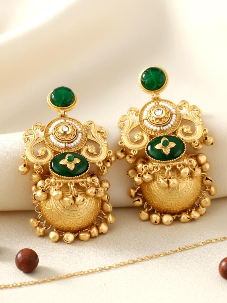 LUCKY JEWELLERY Traditional Gold Plated Green Stone Jhumka Earrings with Ghungroo | Kashmiri Style Designer Jhumki Earrings for Girls & Women | Wedding, Festival, Party & Gift Wear