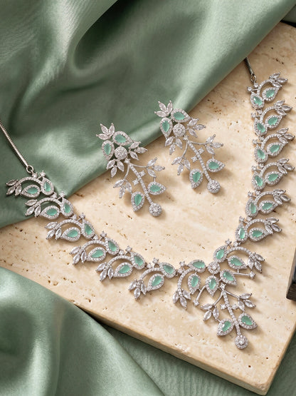 Lucky Jewellery Silver-Tone Turquoise Stone & American Diamond Necklace Set with Earrings for Women – Office, Party & Function Wear (1948-K4SA-2241-MNT-S)