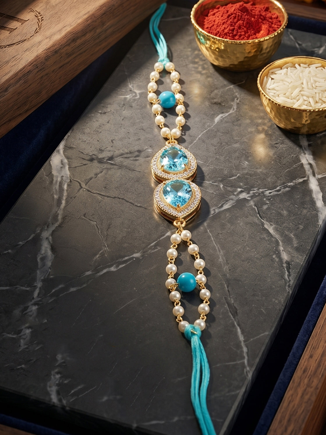 Adjustable Rakhi Bracelet with Blue drop AD Pendant, Turquoise & White Beads on Double Chain (200-CHB2-1279-F-2026)