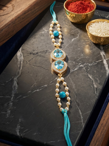 Adjustable Rakhi Bracelet with Blue drop AD Pendant, Turquoise & White Beads on Double Chain (200-CHB2-1279-F-2026)