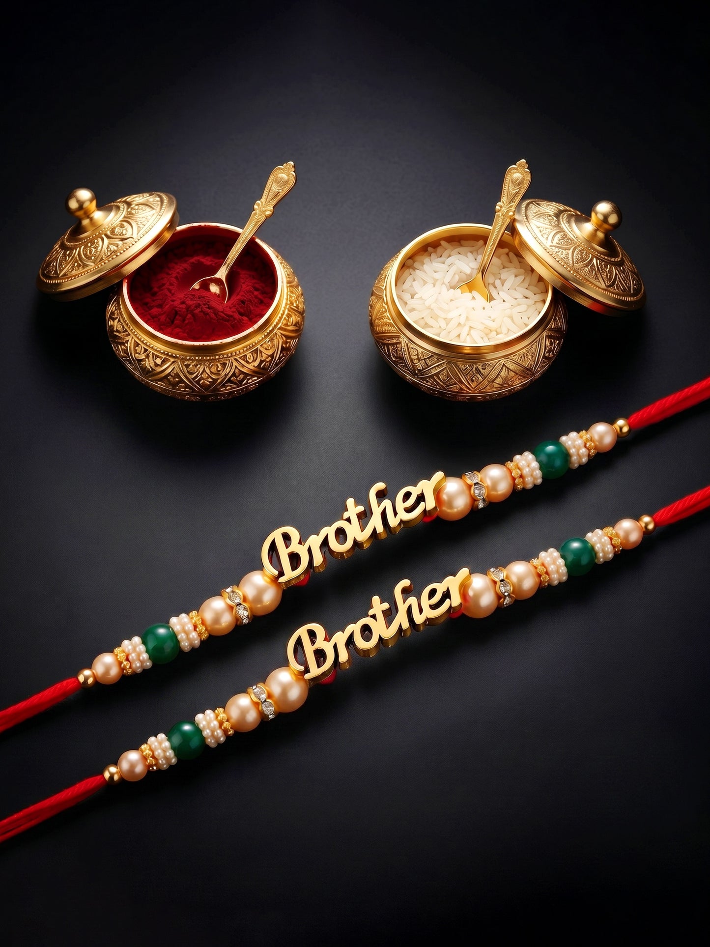 Lucky Jewellery Set of 2 Gold Brother Rakhi with Green Beads, Roli, Chawal & Card (66-CHR1-1964-2-2026)