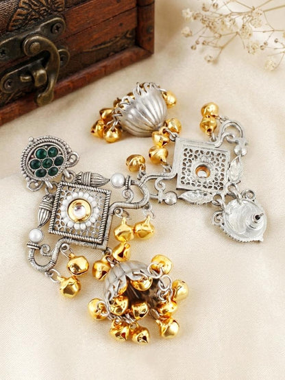 LUCKY JEWELLERY Traditional Dual Tone Oxidized Silver Jhumka Earrings with Green Stone & Golden Ghungroo | Kashmiri Style Jhumki Earrings for Girls & Women | Festive & Gift Wear