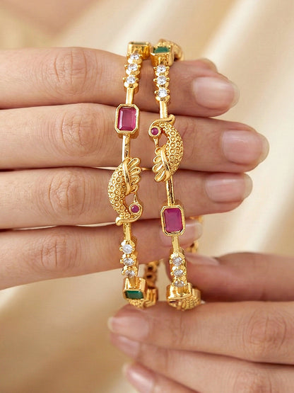 Gold-Plated Peacock Design Pink Green Stone Bangle (713-C1BG-2201-2)