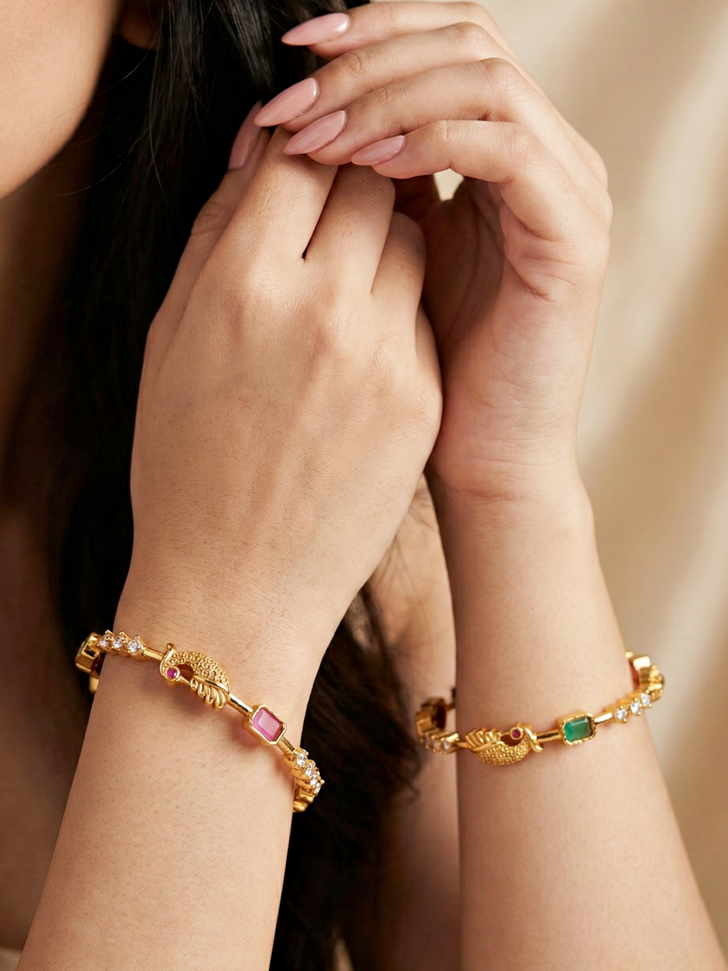 Gold-Plated Peacock Design Pink Green Stone Bangle (713-C1BG-2201-2)
