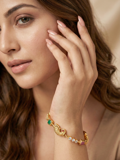 Gold-Plated Peacock Design Pink Green Stone Bangle (713-C1BG-2201-2)