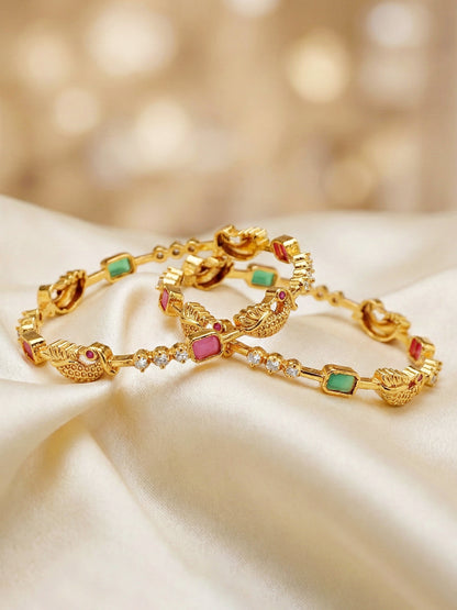 Gold-Plated Peacock Design Pink Green Stone Bangle (713-C1BG-2201-2)