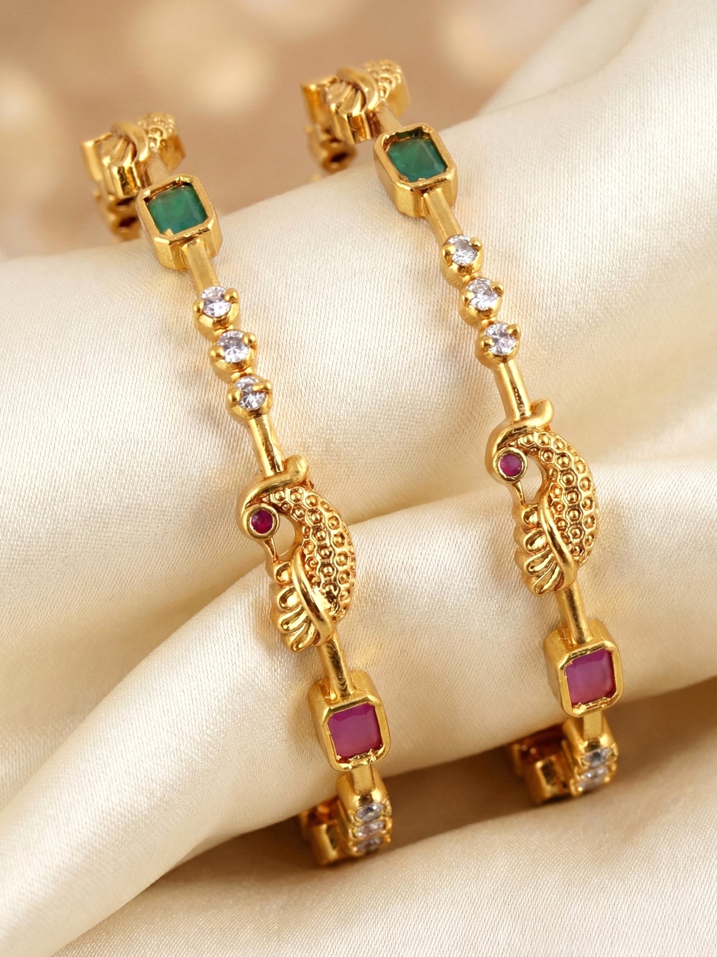 Gold-Plated Peacock Design Pink Green Stone Bangle (713-C1BG-2201-2)