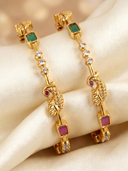 Gold-Plated Peacock Design Pink Green Stone Bangle (713-C1BG-2201-2)