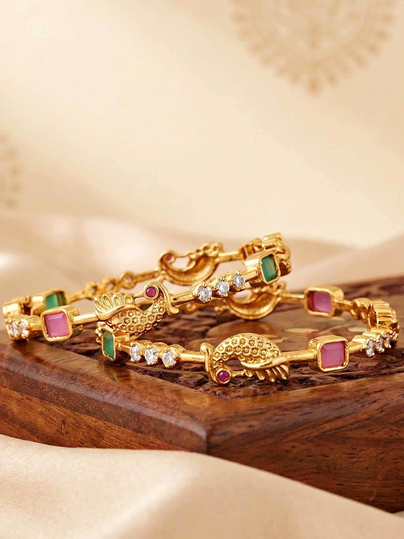 Gold-Plated Peacock Design Pink Green Stone Bangle (713-C1BG-2201-2)