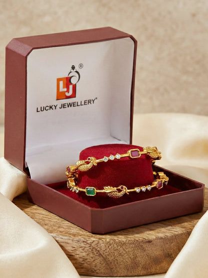 Gold-Plated Peacock Design Pink Green Stone Bangle (713-C1BG-2201-2)