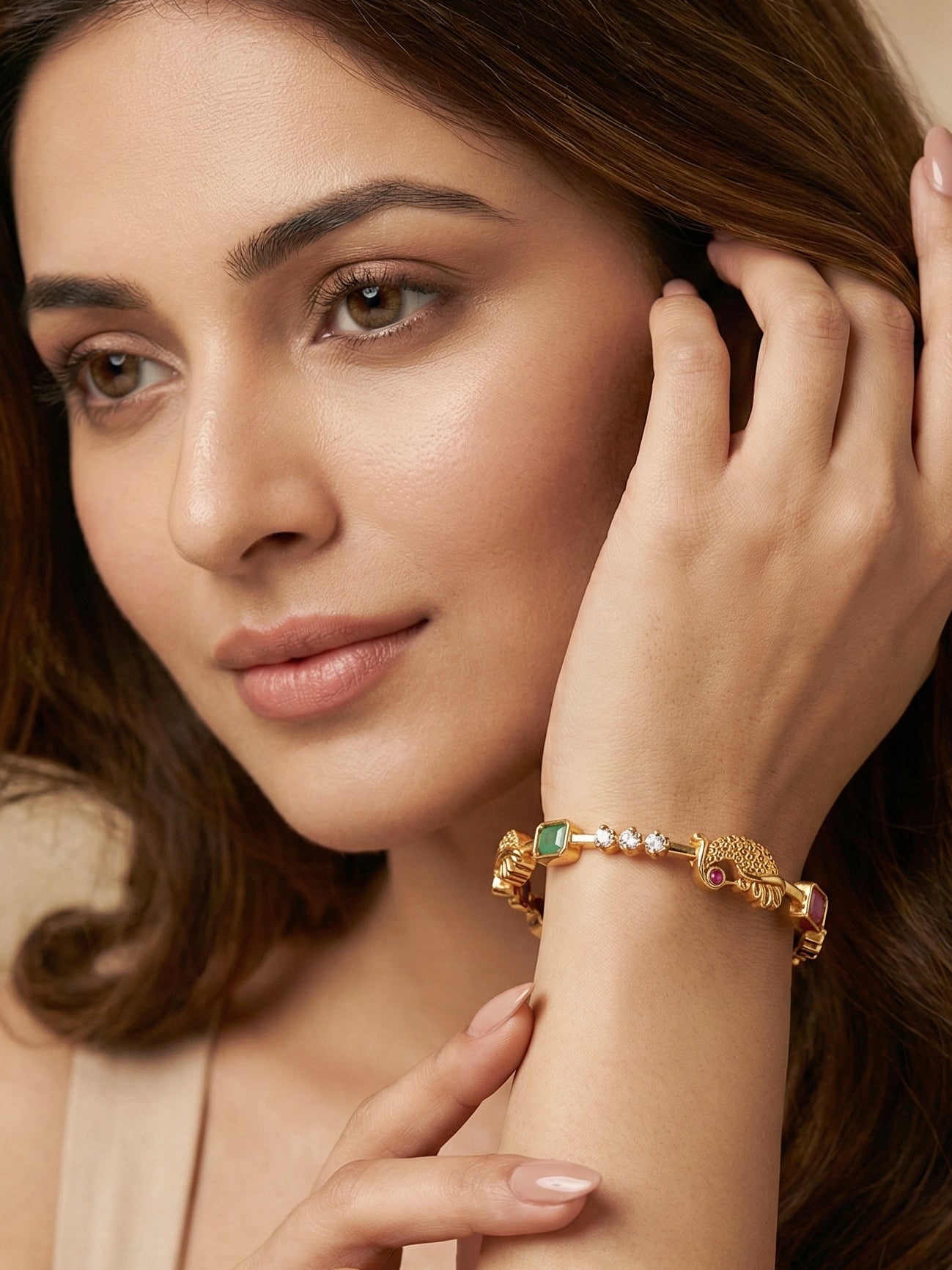 Gold-Plated Peacock Design Pink Green Stone Bangle (713-C1BG-2201-2)