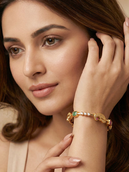 Gold-Plated Peacock Design Pink Green Stone Bangle (713-C1BG-2201-2)