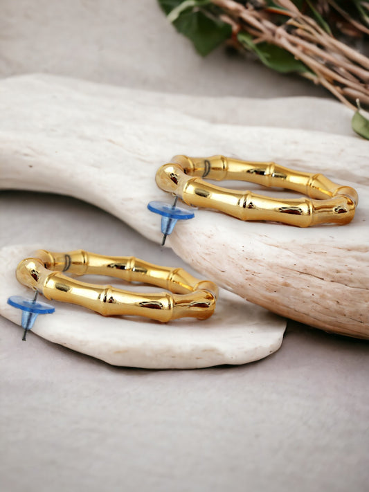 Lucky Jewellery Designer 18k Gold Plated Click-Top Round Bamboo Hoop Earrings For Girls & Women