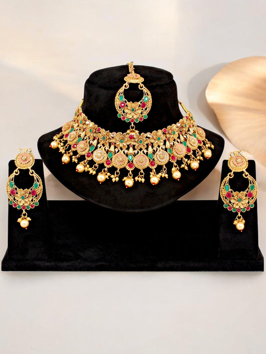 Gold-Plated Meenakari Choker Necklace Set Traditional Jewelry for Women & Girls (759-G2SR-003-MT)