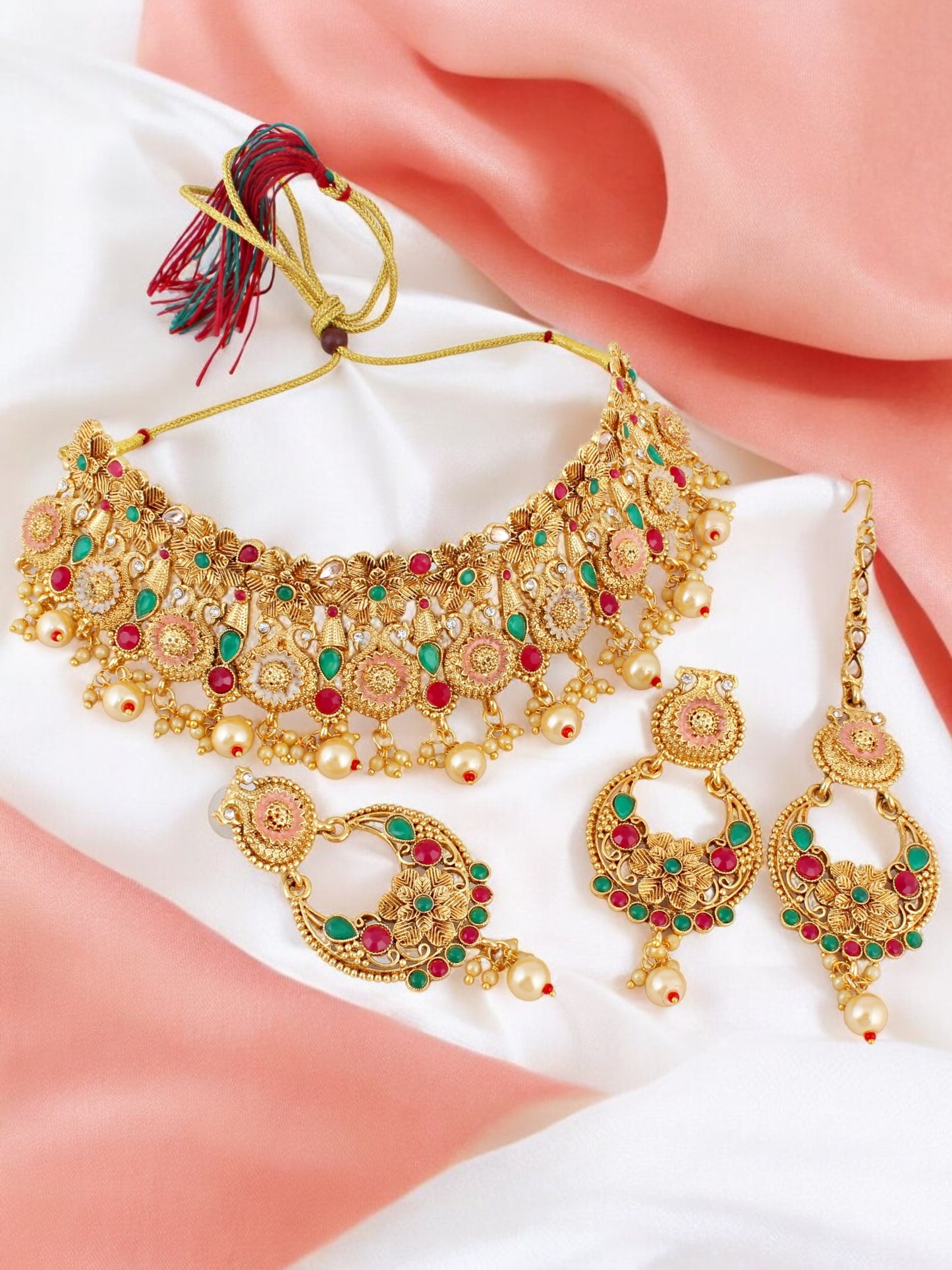 Gold-Plated Meenakari Choker Necklace Set Traditional Jewelry for Women & Girls (759-G2SR-003-MT)