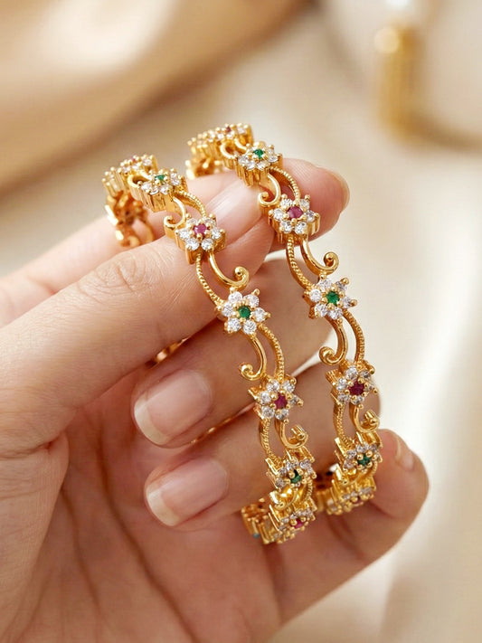 Gold-Plated Floral AD Pink Green Stone Bangle (779-C1BG-2202-2)