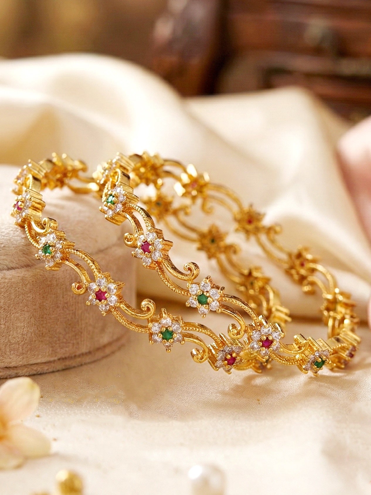 Gold-Plated Floral AD Pink Green Stone Bangle (779-C1BG-2202-2)