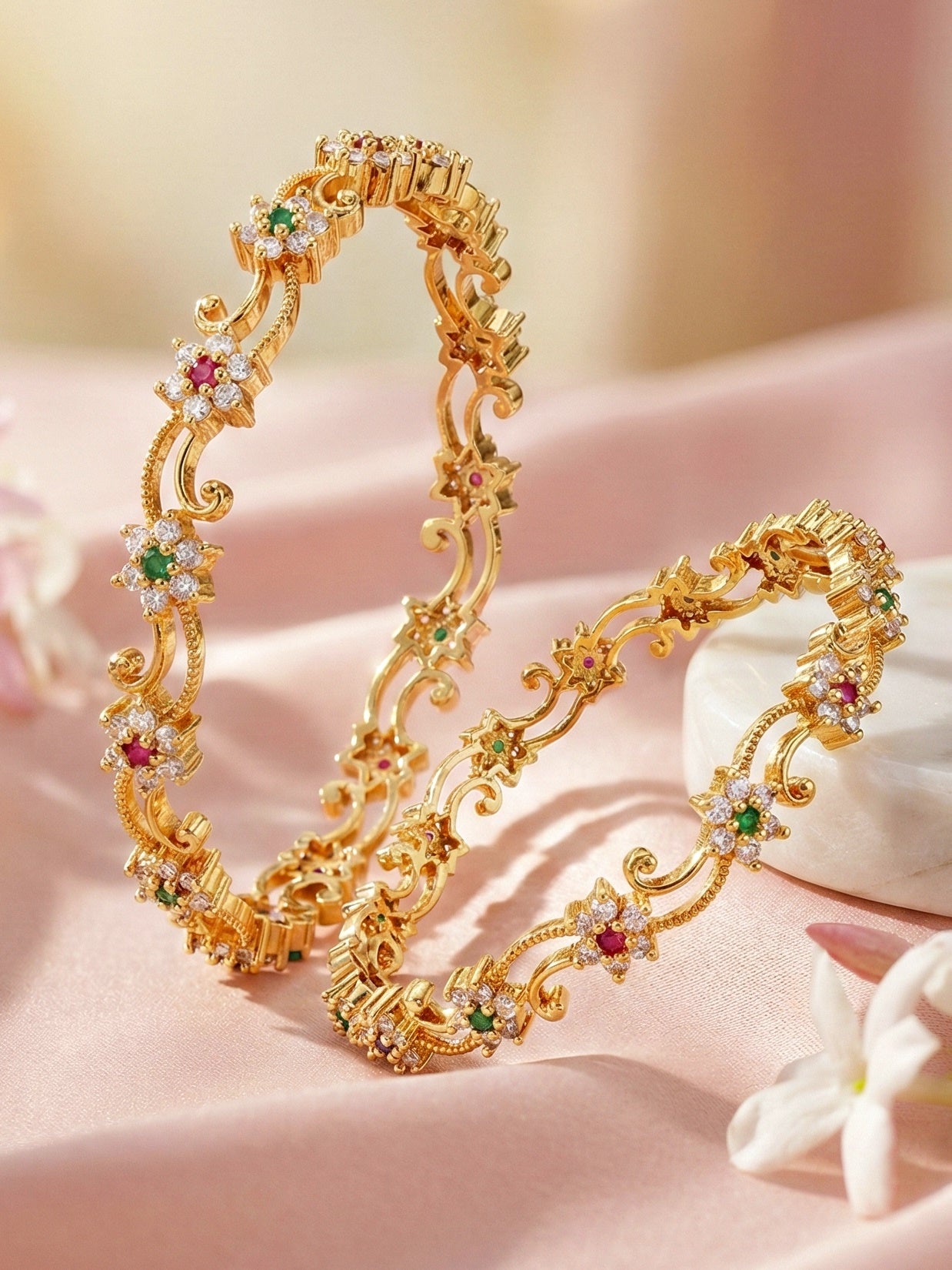 Gold-Plated Floral AD Pink Green Stone Bangle (779-C1BG-2202-2)