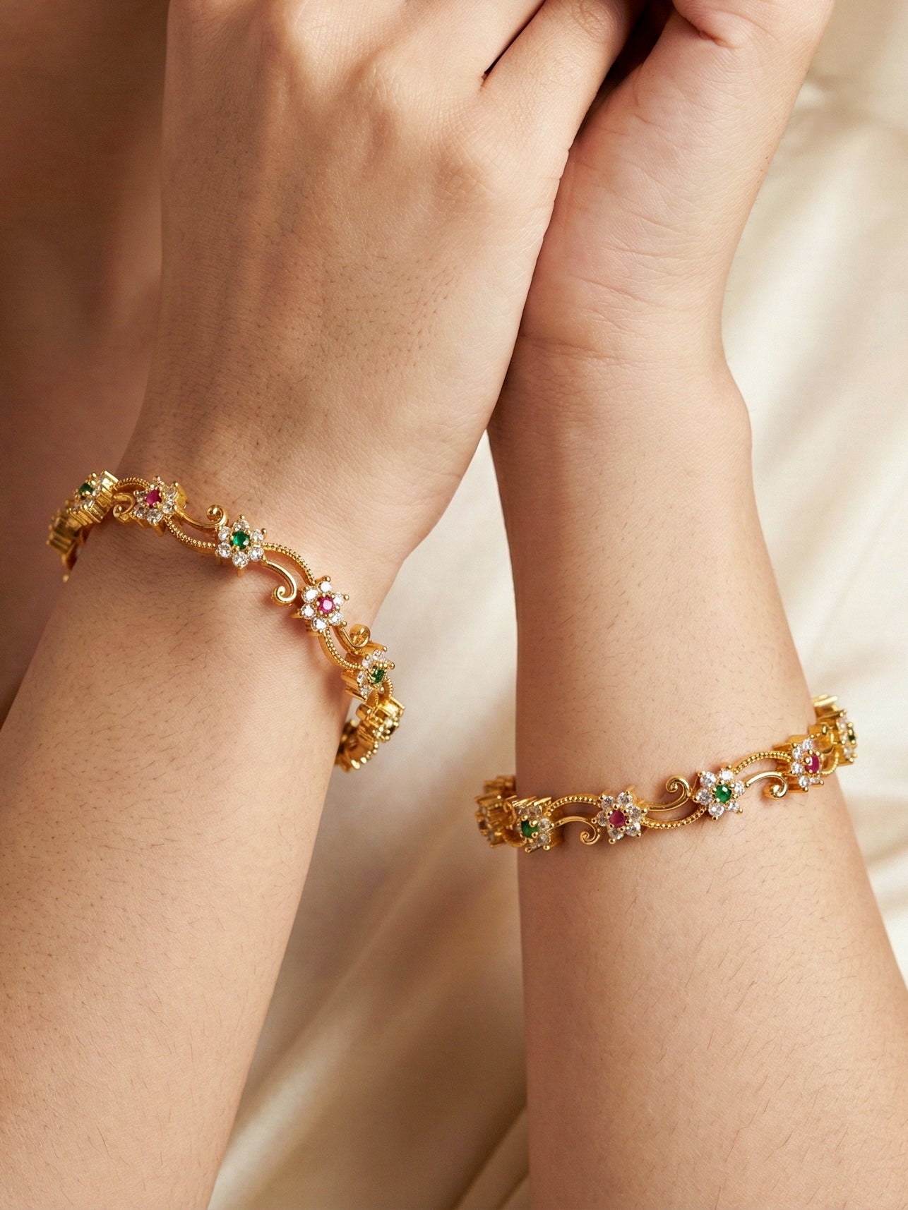Gold-Plated Floral AD Pink Green Stone Bangle (779-C1BG-2202-2)