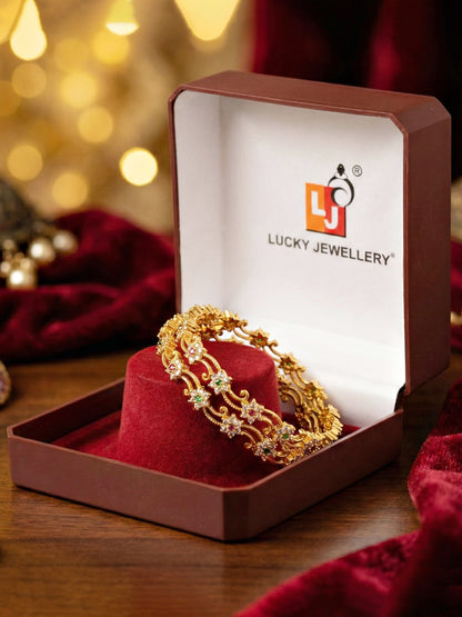 Gold-Plated Floral AD Pink Green Stone Bangle (779-C1BG-2202-2)