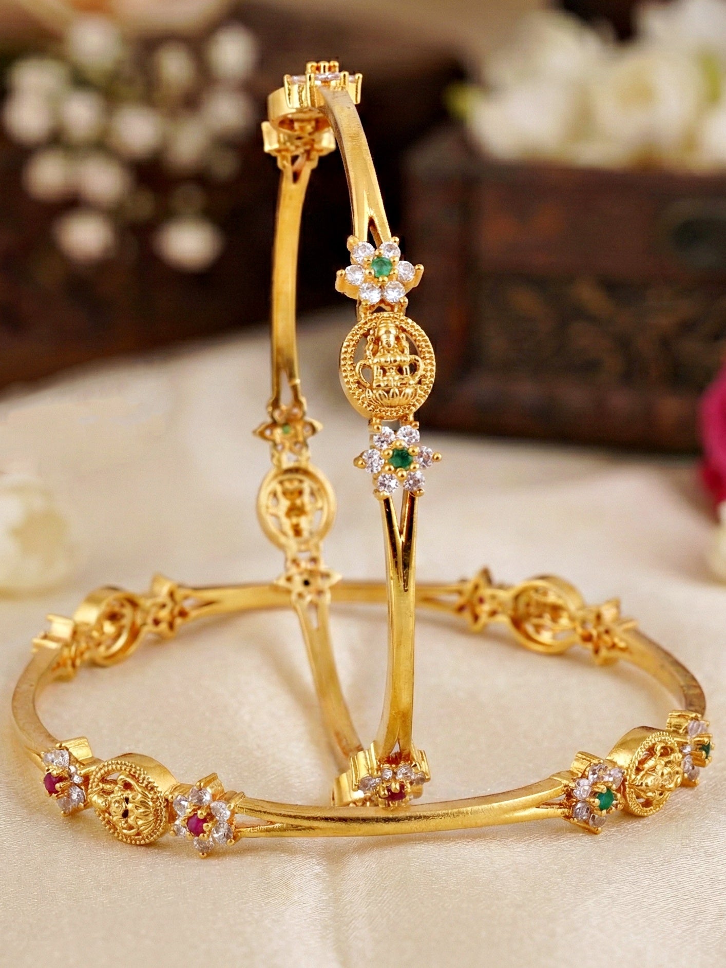 Gold-Plated Laxmi Temple AD Green Stone Bangle (783-C1BG-2203-2)