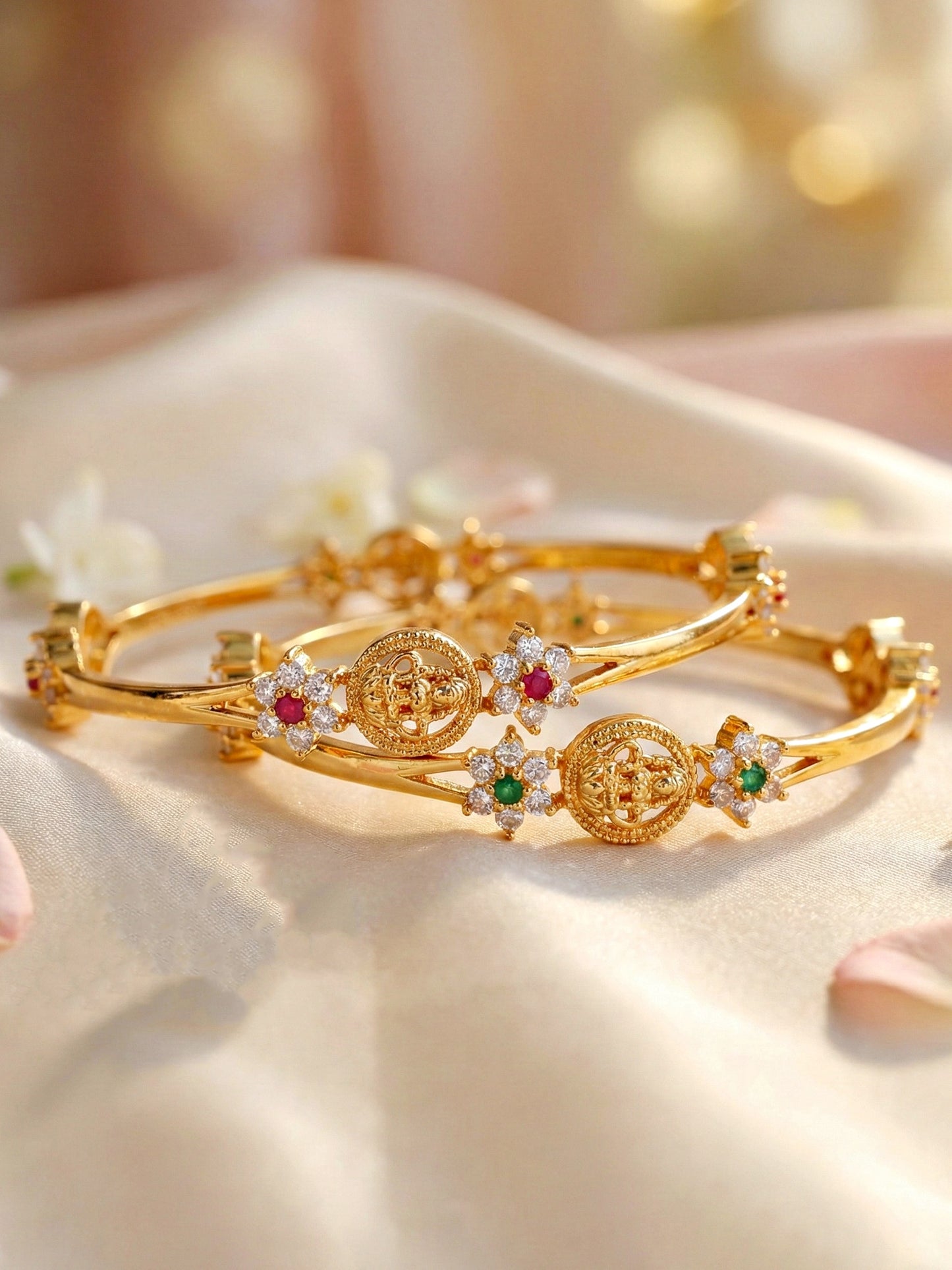 Gold-Plated Laxmi Temple AD Green Stone Bangle (783-C1BG-2203-2)