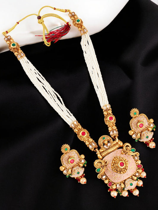Gold-Plated Meenakari Long Necklace with Earrings Jewelry Set for Women & Girls (792-G2SR-164-PKRG)