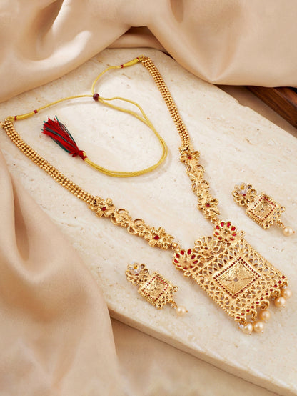 Lucky Jewellery Gold-Plated Ruby Color Traditional Necklace Set (726-G2SR-197-R)