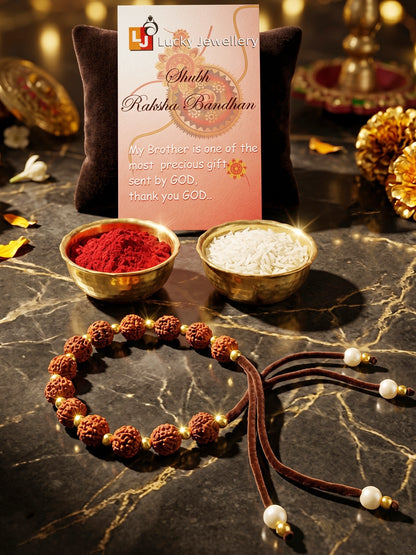 Traditional Rudraksha Rakhi for Brother with Gold, Warm Beads, Roli Chawal & Card (102-RRR1-1987-1-2026)