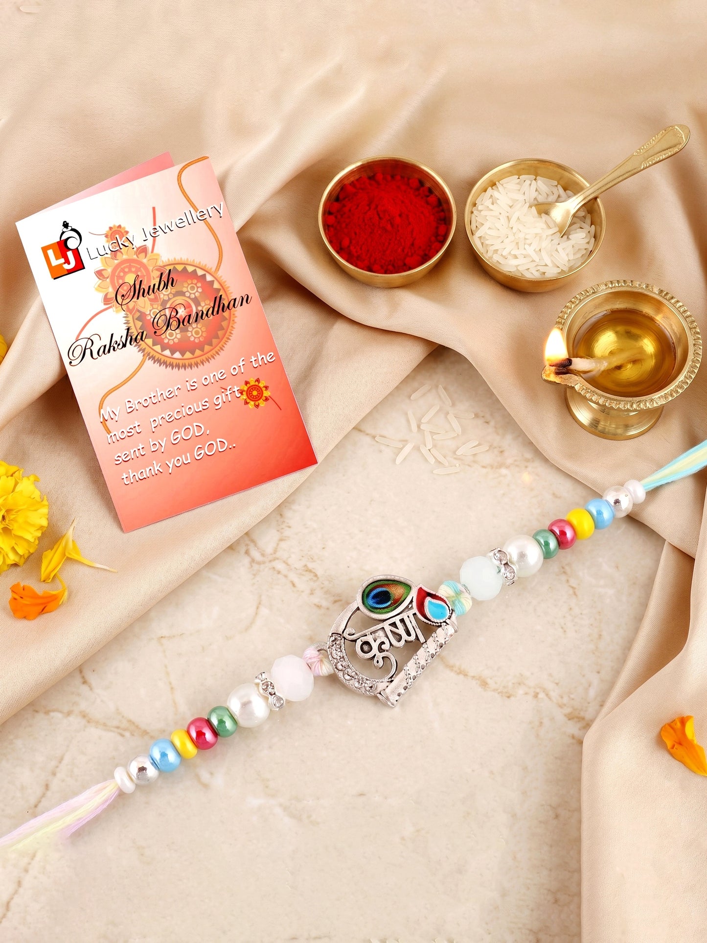 Spiritual Silver Krishna Bansuri Beaded Rakhi For Brother With Roli Chawal & Card (102-S5R1-AR2728)