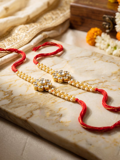 LUCKY JEWELLERY Traditional Rakhi for Brother/Bhaiya – Gold Plated Red Thread Rakshabandhan Rakhie White Stones for Bhai/Bhabhi (Pack of 2) – Fancy Rakhee Bracelet Rakshasutra (198-L1R1-26-W-2-2026)