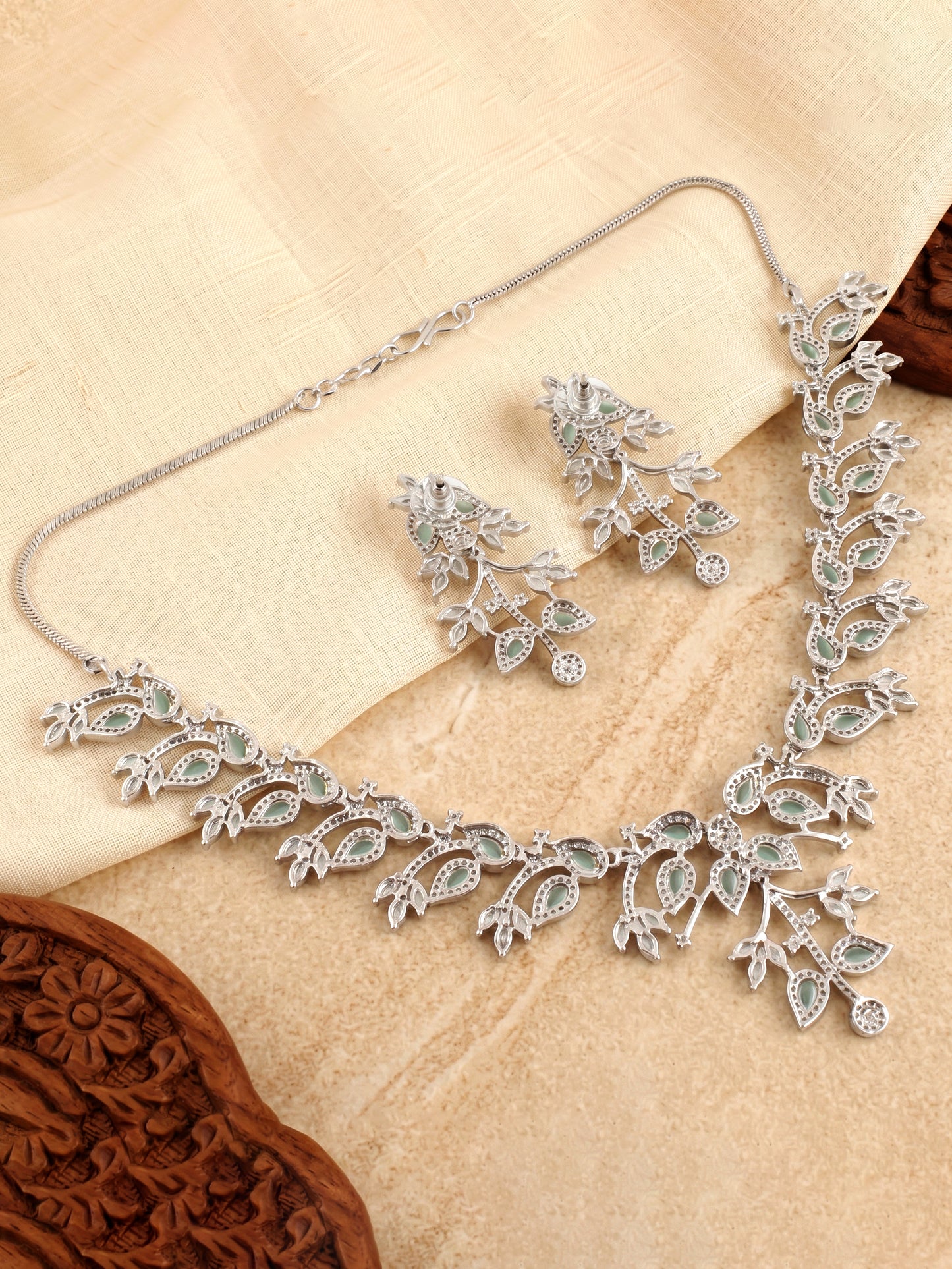 Lucky Jewellery Silver-Tone Turquoise Stone & American Diamond Necklace Set with Earrings for Women – Office, Party & Function Wear (1948-K4SA-2241-MNT-S)