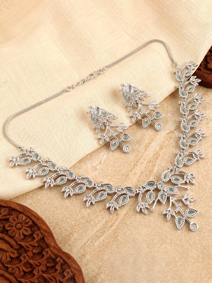 Lucky Jewellery Silver-Tone Turquoise Stone & American Diamond Necklace Set with Earrings for Women – Office, Party & Function Wear (1948-K4SA-2241-MNT-S)
