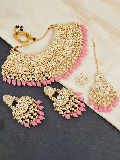 Gold Plated Kundan & Pearl Pink Stone Bridal Choker Jewellery Set with Maang Tikka (1683-ISK-855-PK)