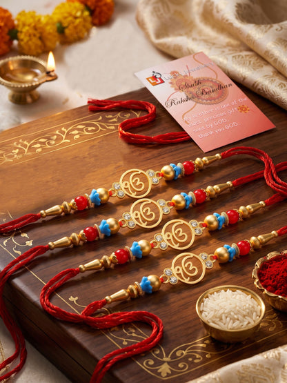 Lucky Jewellery Set of 4 Rakhi with Ek Onkar Pendant, Maroon & Blue Beads, Roli Chawal & Card (62-S7R1-2322-4)