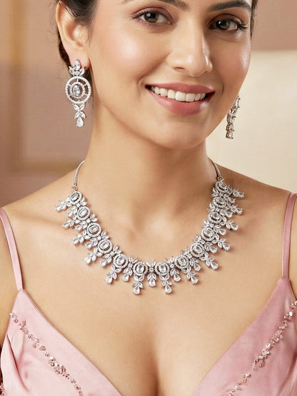 Silver-Tone White Stone & American Diamond Necklace Set with Earrings for Women – Office, Party & Function Wear (1717-K4SA-2242-W-S)
