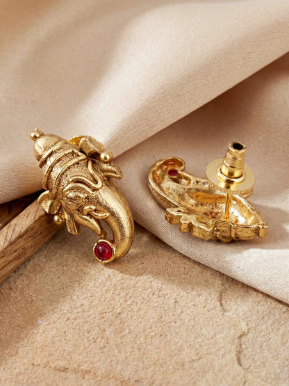 Traditional Gold-Tone Lord Ganesha Necklace Set with Pink & Green Stone Detailing | Temple Style Ethnic Jewellery with Stud Earrings for Festive & Wedding Wear (590-ISR-2181-RG)