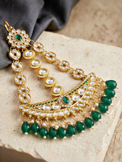 Bridal AD Green Stone Heavy Choker Jewellery Set with Sheesh Patti, Nath & Jhumka (3300-M8ZK-1103-G)