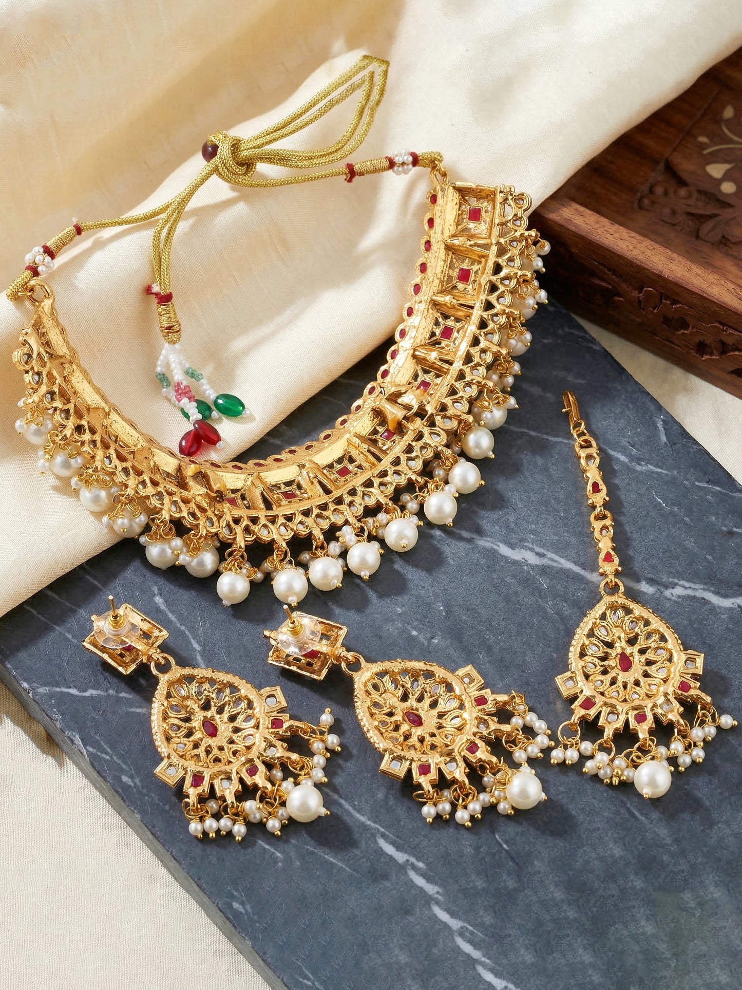 Lucky Jewellery Gold-Plated Ruby Color Choker Necklace Set (866-G2SR-006-R)