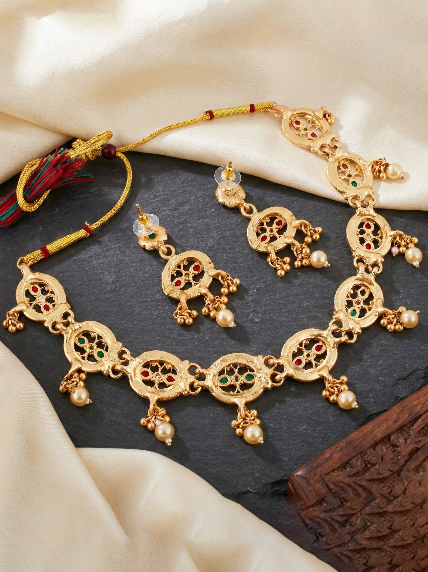 Lucky Jewellery Gold-Plated Meenakari Red & Green Stone Necklace Set (580-G2SR-261-WRG)