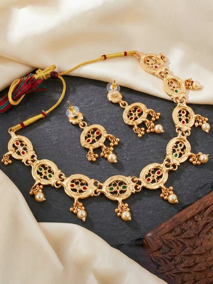 Lucky Jewellery Gold-Plated Meenakari Red & Green Stone Necklace Set (580-G2SR-261-WRG)