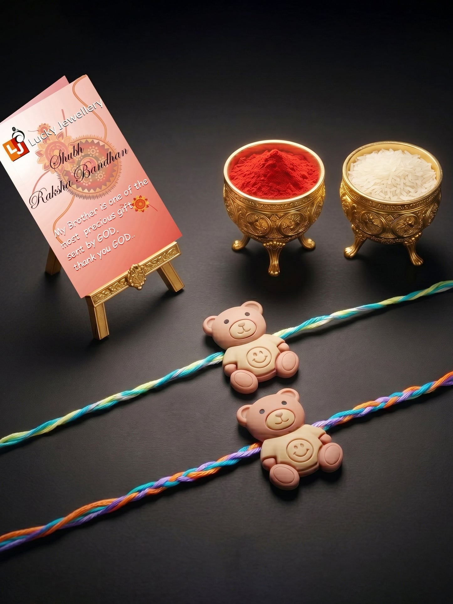 Set of 2 Cute Teddy Bear Kids Rakhi with Colorful Thread, Roli Chawal & Card (80-CHR1-1949-2-2026)