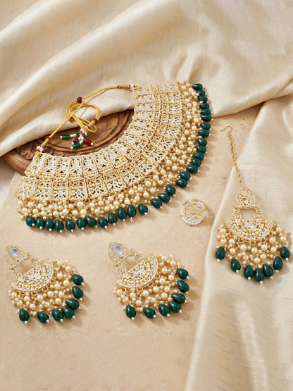 Gold Plated Kundan & Pearl Green Stone Bridal Choker Jewellery Set with Maang Tikka (1683-ISK-855-G)