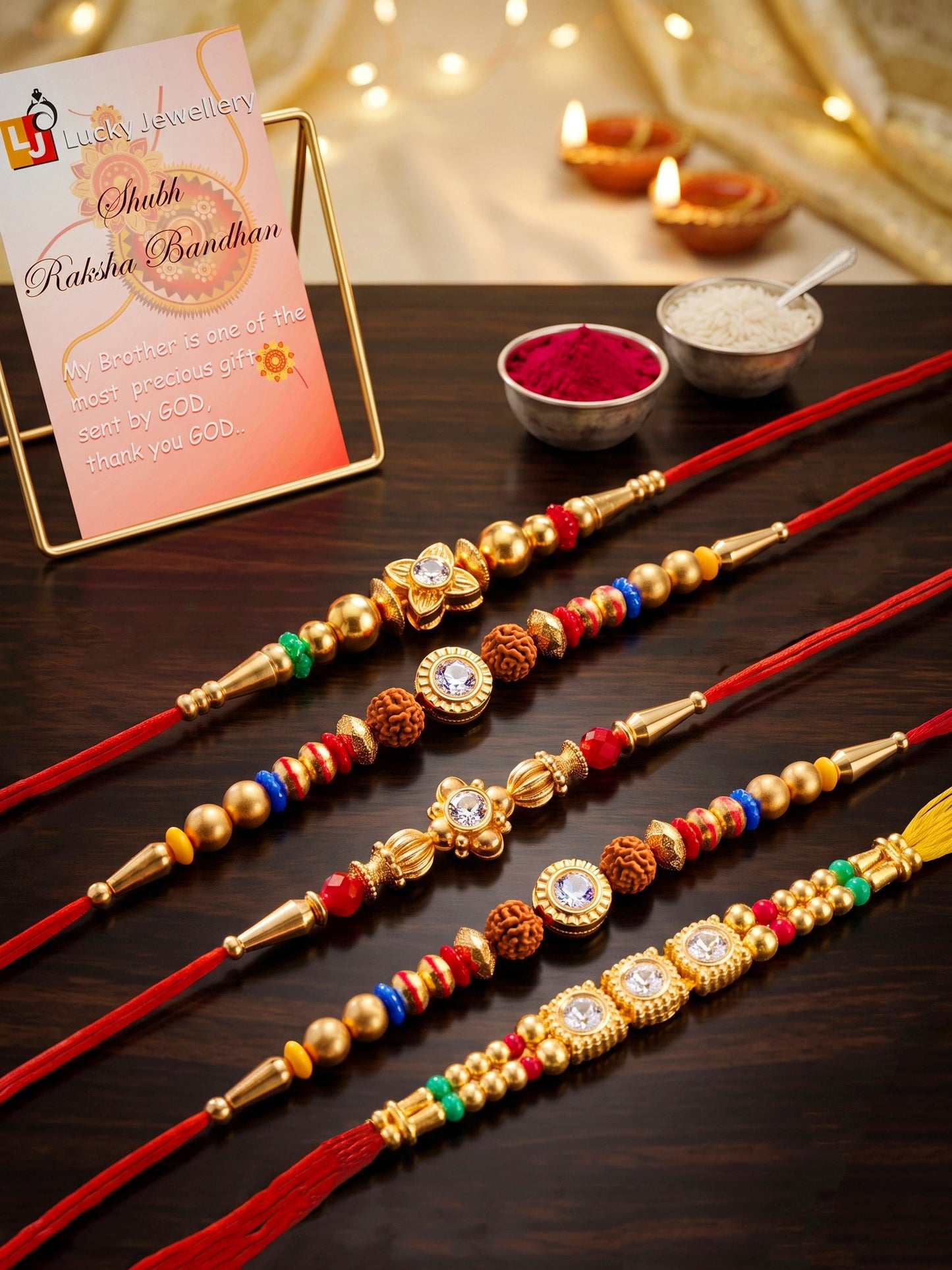 Lucky Jewellery Set of 5 Rakhi with Small Crystal Centerpieces, Gold-Tone & Multicolor Beads, Roli Chawal & Card (61-S7R1-2319-5)