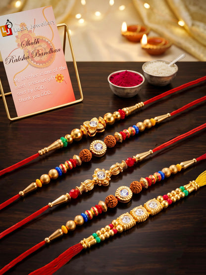 Lucky Jewellery Set of 5 Rakhi with Small Crystal Centerpieces, Gold-Tone & Multicolor Beads, Roli Chawal & Card (61-S7R1-2319-5)